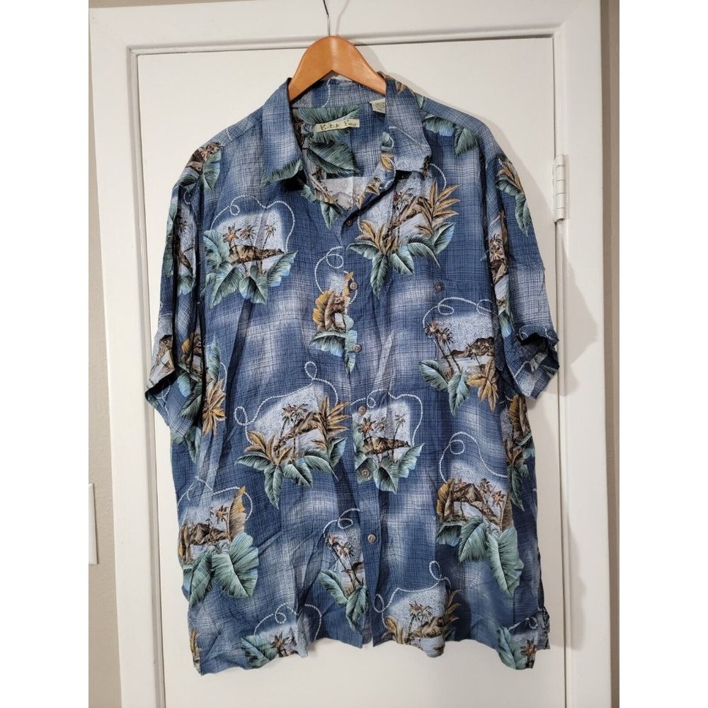 Batik Bay Mens Hawaiian Shirt Blue‎ XXL Palm Trees Button Front 100% Rayon